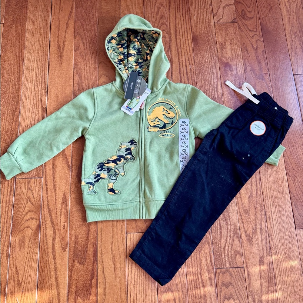 Green Dinosaur Hoodie and Black Pants Set (Boys 4/5) NWT